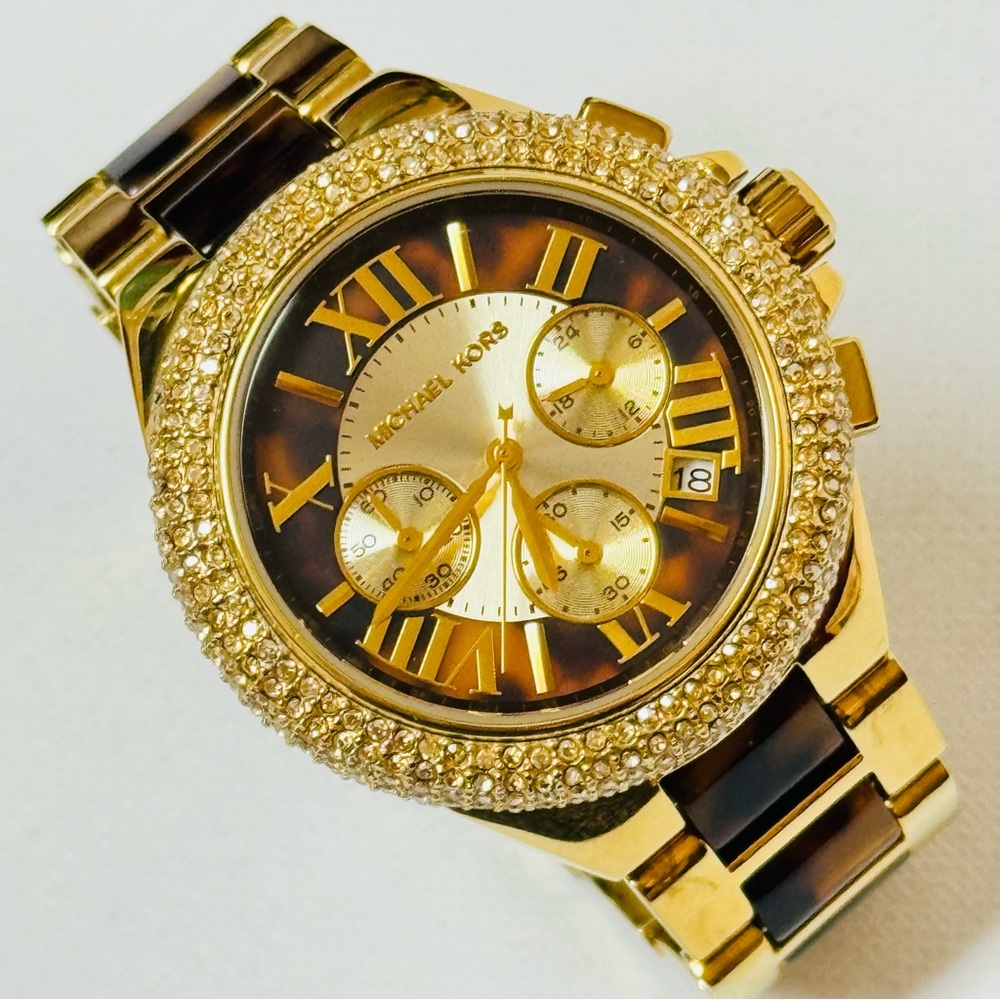 Michael Kors Camille Womens 6.25" MAX Tortoise Gold Chronograph Watch MK-5901